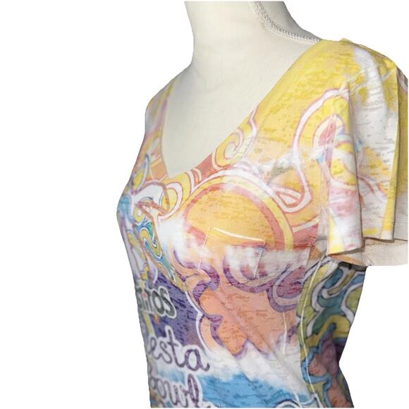 2013 Fiesta Bowl Shirt KS OR Womens LG V Neck Burnout Camo Trippy Rainbow Color - Picture 2 of 9